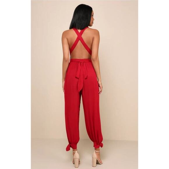 Lulus Lolinda Women's Convertible Halter Jumpsuit Size Large Red Open Back - Picture 2 of 12